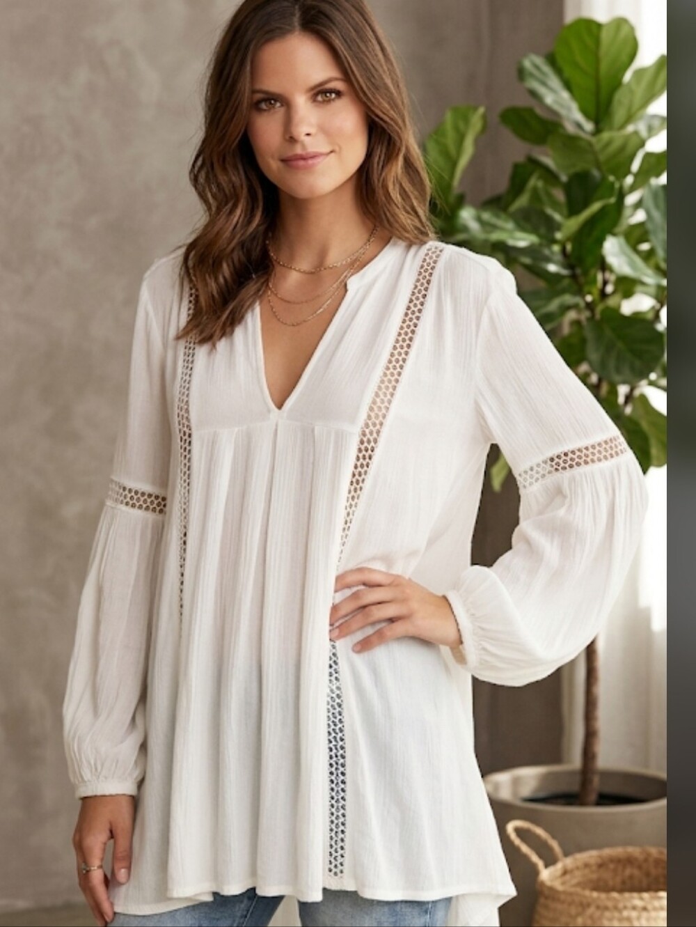 Free People Women's White Solid V-Neck Lace Balloon Sleeve Tunic Blouse XS
